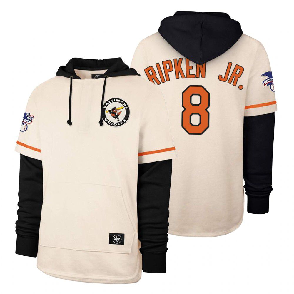 Men Baltimore Orioles #8 Ripken jr Cream 2021 Pullover Hoodie MLB Jersey